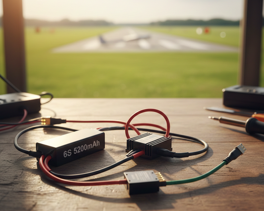 RC airplane electronics setup showing LiPo battery, ESC, and external UBEC on a workbench.