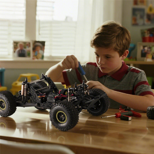 Boy assembling a remote-controlled toy vehicle.