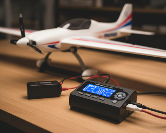 Professional RC battery balance charger with LCD screen connected to a 3S LiPo battery on a hobbyist workbench.