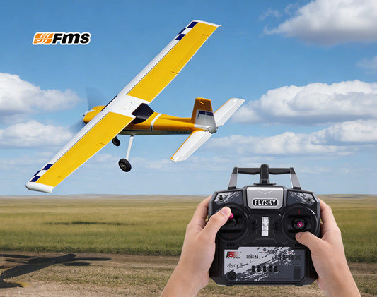 Hands holding Flysky remote control flying yellow FMS Ranger RC plane