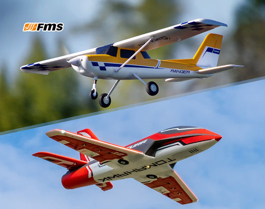 FMS RC planes: yellow Ranger propeller plane and red Tomahawk jet flying in the sky