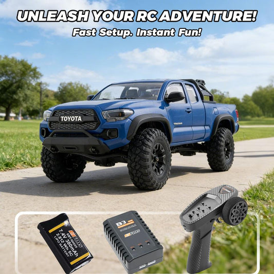 The image shows a high-performance RC (remote-controlled) Toyota Tacoma truck with large off-road tires, suggesting it is designed for outdoor adventure and fast setup for instant fun.
