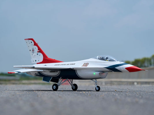 Remote-controlled U.S. Air Force fighter jet model on the ground.