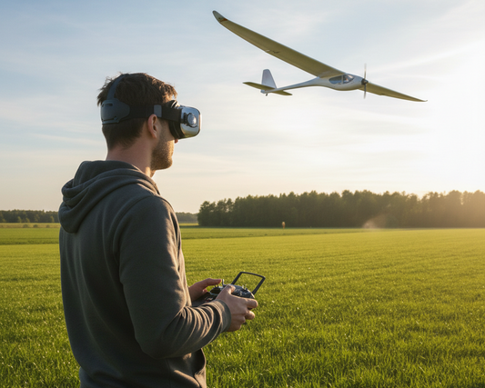 A person wearing VR goggles controls a remote glider plane in a grassy field.