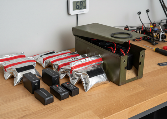 RC batteries stored in fireproof bags and a metal ammo box on a workbench.