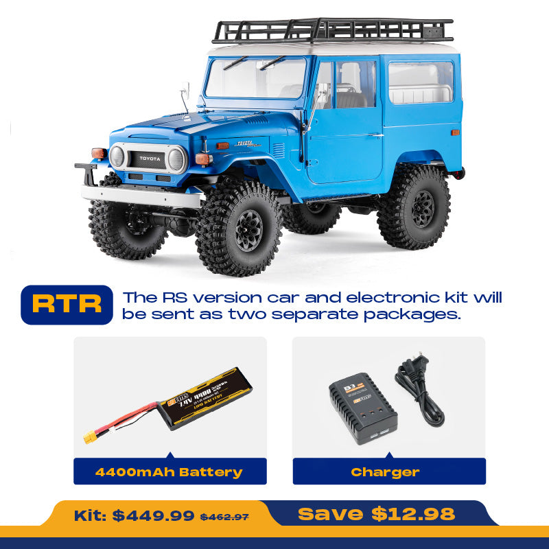 FMS 1:10 Toyota Land Cruiser FJ40 RS RC car in blue, with 4400mAh battery and charger shown. Includes RTR info and savings.