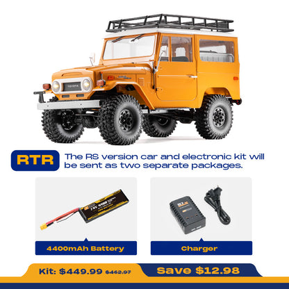 Yellow FMS 1:10 Toyota Land Cruiser FJ40 RS RC car with 4400mAh battery and charger kit. Save $12.98.