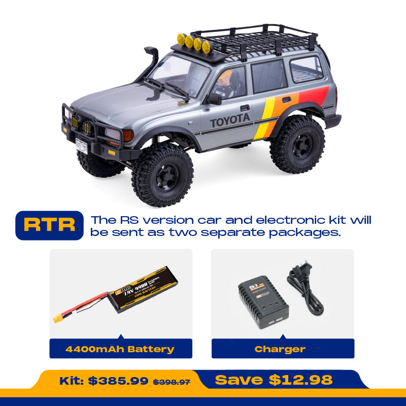 FMS 1:10 FCX10 LC80 Toyota Land Cruiser 80 RS RTR. Includes 4400mAh battery and charger. Off-road RC car.