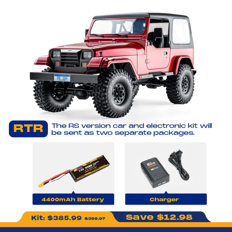 Red ROCHOBBY 1:10 Mashigan RC rock crawler with large tires, includes 4400mAh battery and charger.