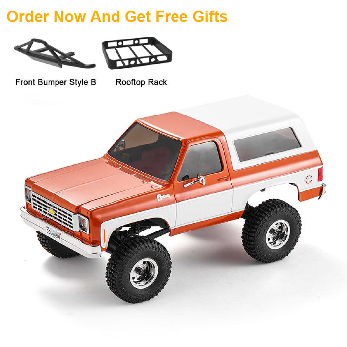 FMS 1:24 FCX24 Chevrolet K5 Blazer RTR in orange/white with optional bumper and rooftop rack