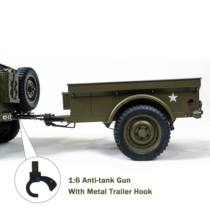 1:6 scale anti-tank gun with military trailer and metal hook attachment