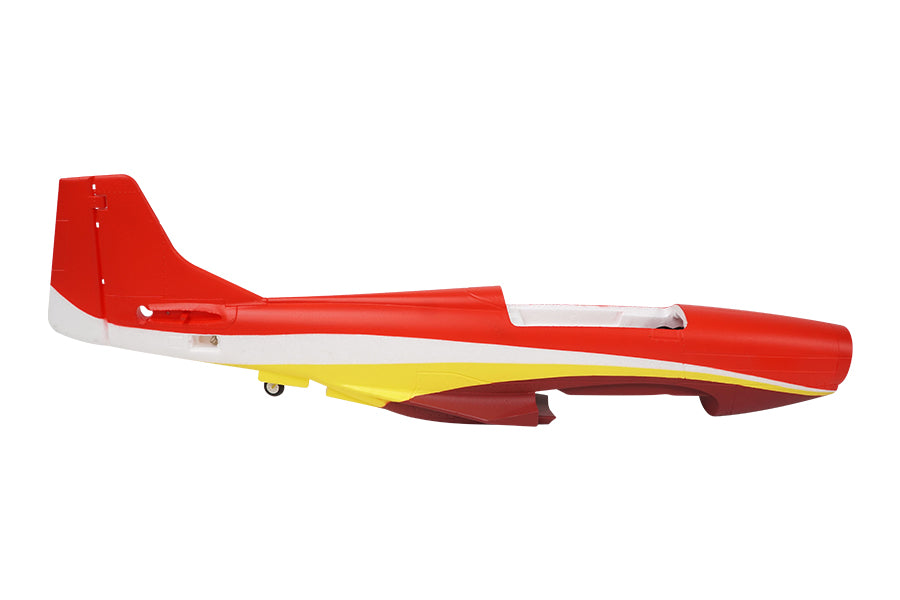 1100mm P-51 fuselage in vibrant red and yellow with a sleek design
