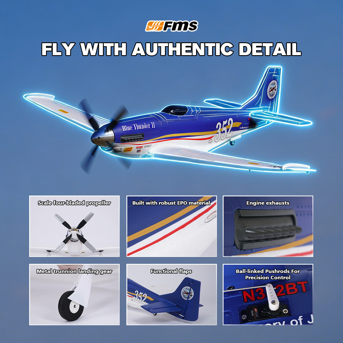 去*無様 FMS P51 D Mustang 800mm Avión RC P-51 Mustang V2 de 1100 mm | Conectar y listo | FMS Hobby