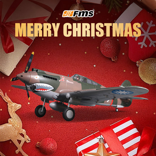 FMS 1400mm P-40B Warhawk Flying Tiger model plane with "Merry Christmas" text.