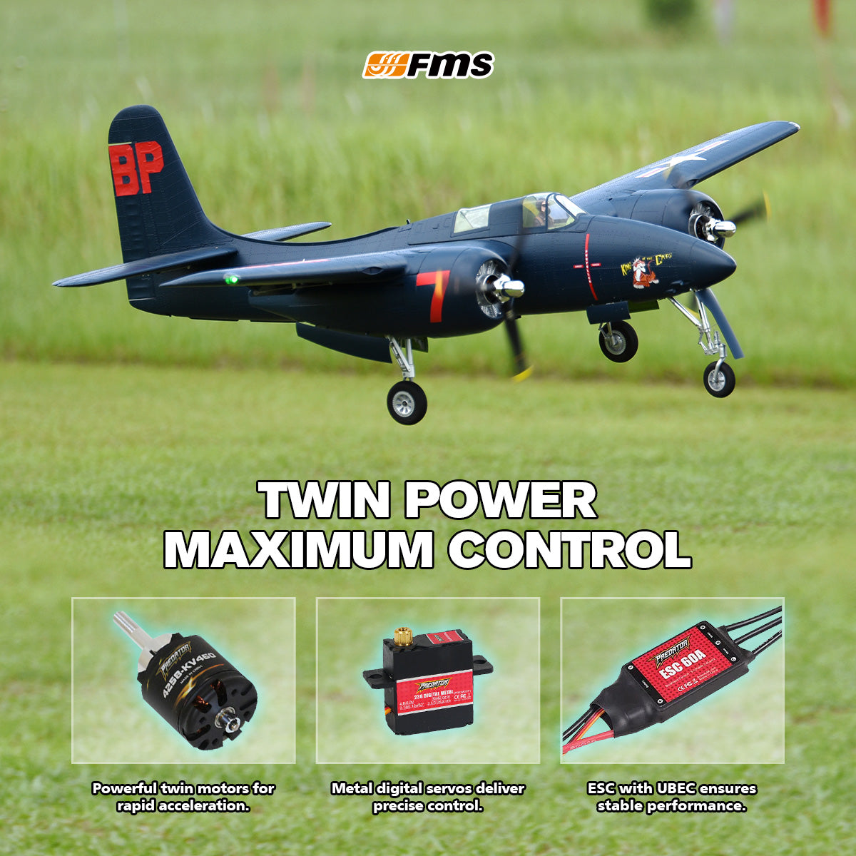 1700mm F7F Tigercat PNP Plane | Twin-Engine RC Warbird | FMS Hobby