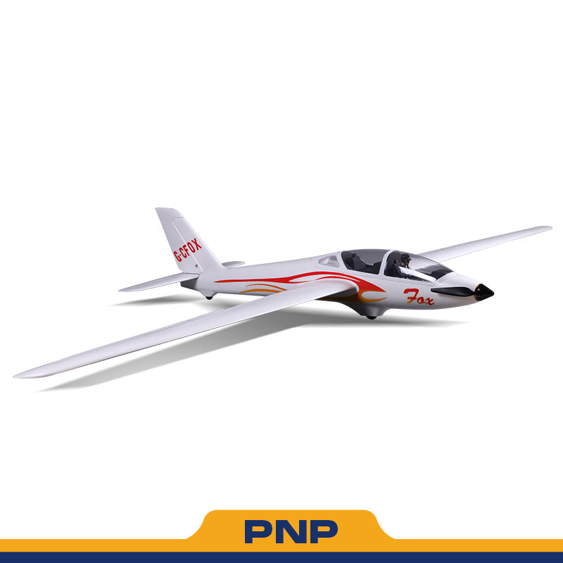 White FMS 2300mm FOX V2 Glider PNP RC airplane with red and yellow accents and 'Fox' branding.