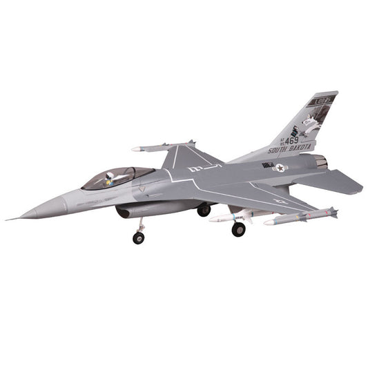 FMS 70mm F-16C Fighting Falcon PNP model jet with missiles. Grey USAF camo, tail reads '469 SOUTH DAKOTA'. Retractable landing gear.