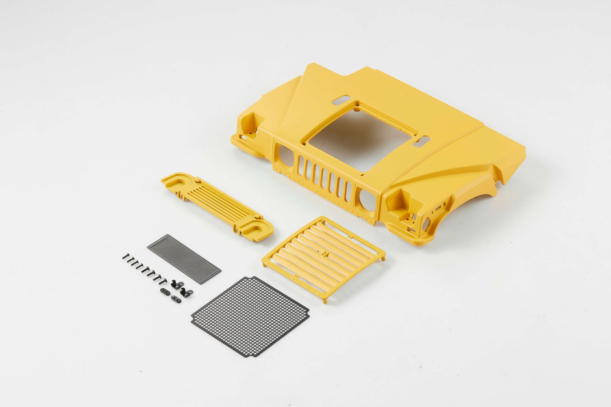 Yellow H1 Hummer hood with accessories for 1:12 RC model