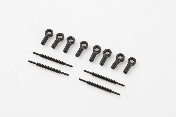 Black linkage parts for RC models, including eyelets and connecting rods.