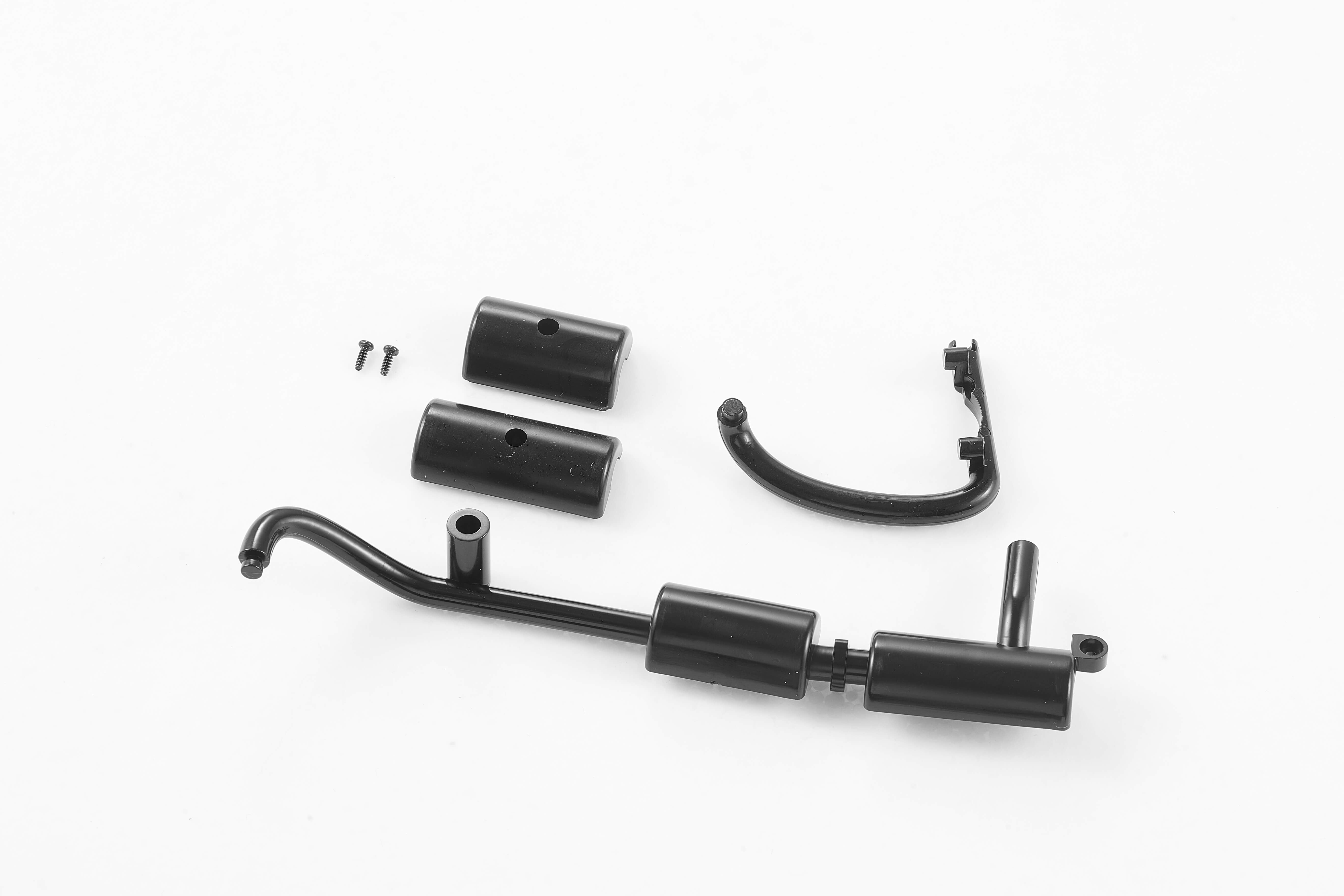 Black exhaust parts for 1:12 Hummer H1 model, including pipes and connectors.
