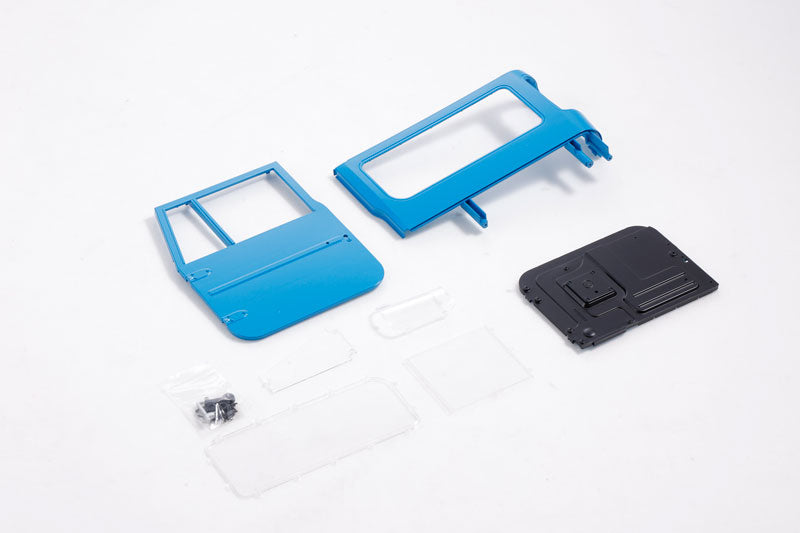 Toyota FJ40 left door and window parts in blue and black with accessories.