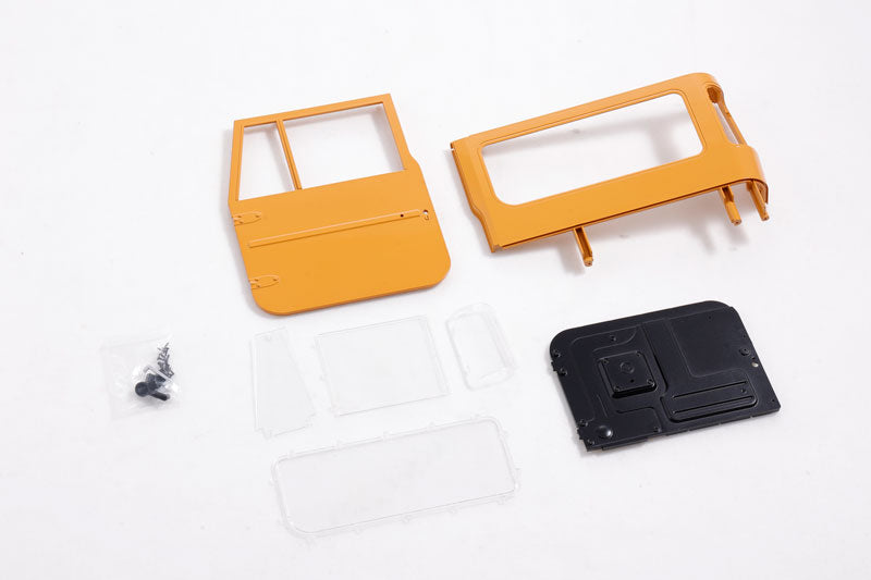 Yellow left door and window parts for 1:10 Toyota FJ40 RC model.