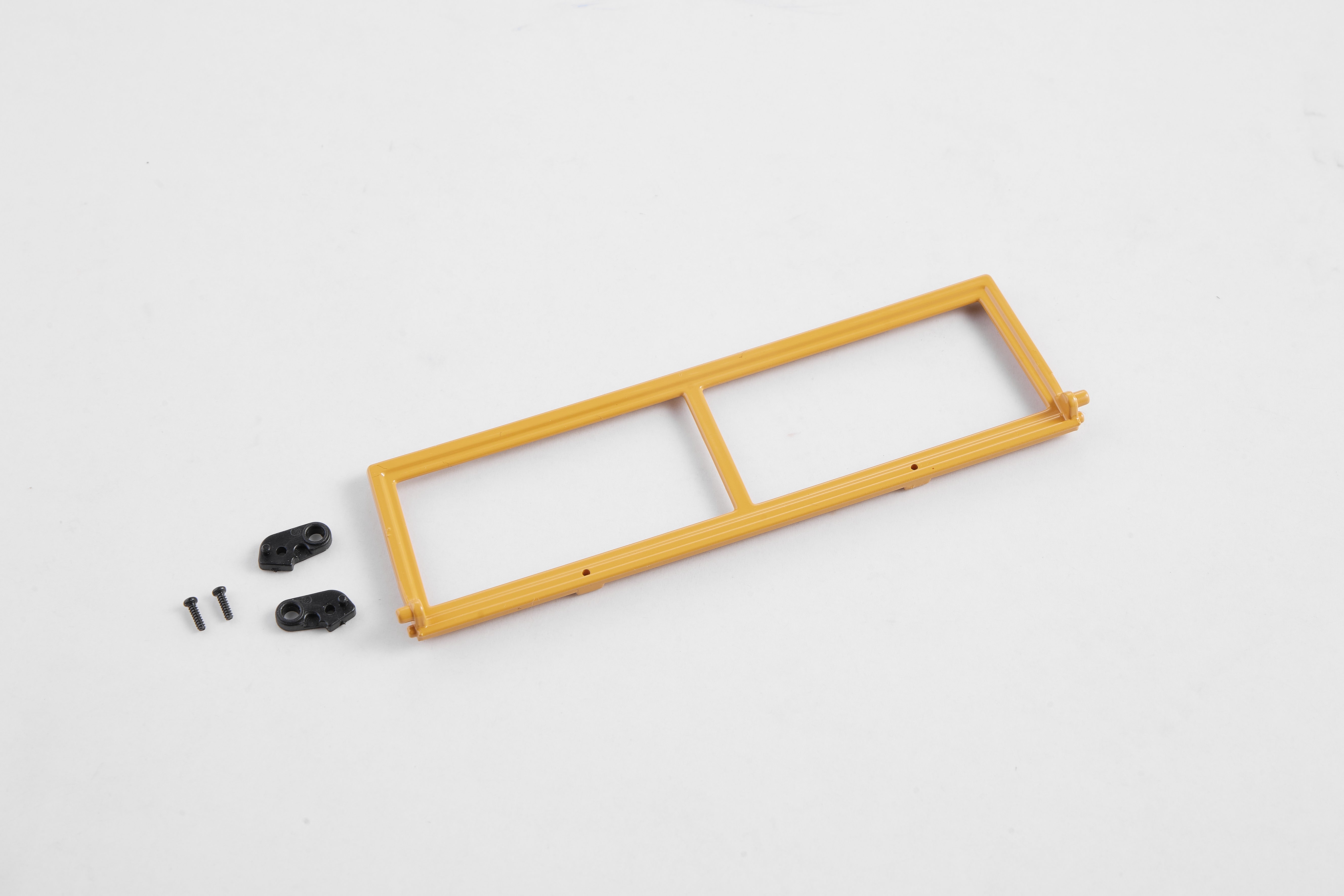 Yellow window frame for 1:12 Land Rover model with black mounting accessories