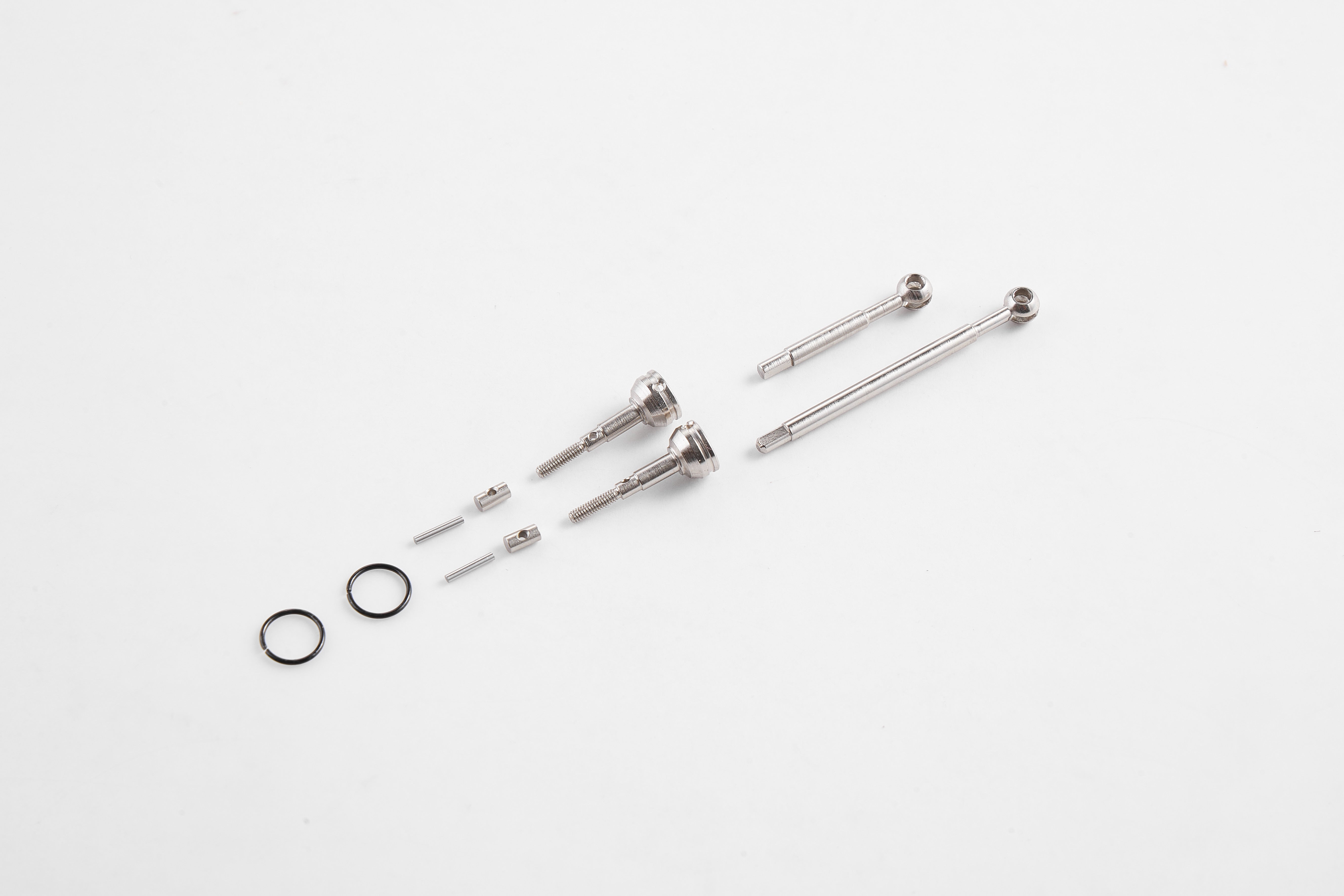 Metal CVD drive components including shafts, pins, and O-rings for RC models