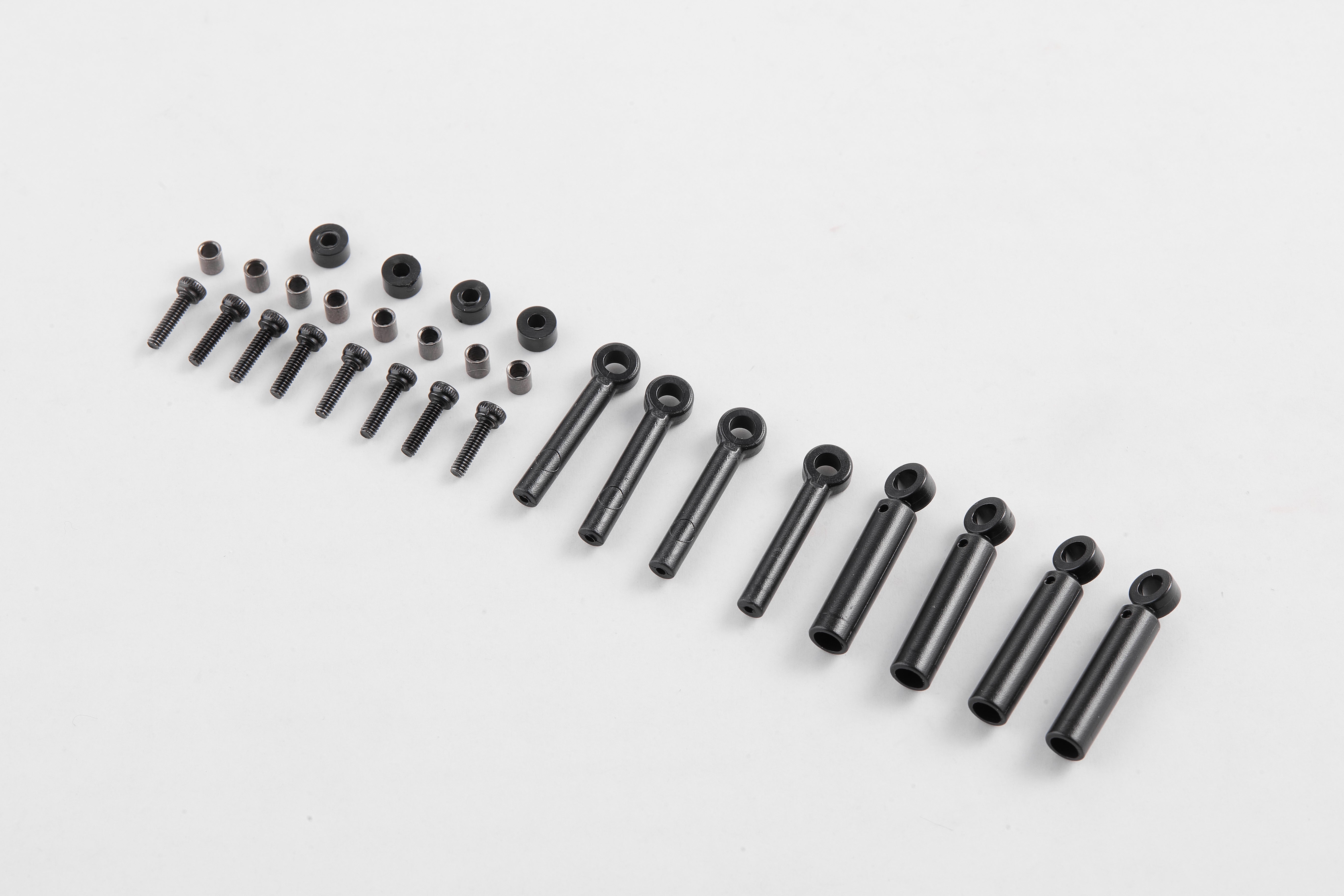 Set of black RC vehicle connection parts and screws for assembly