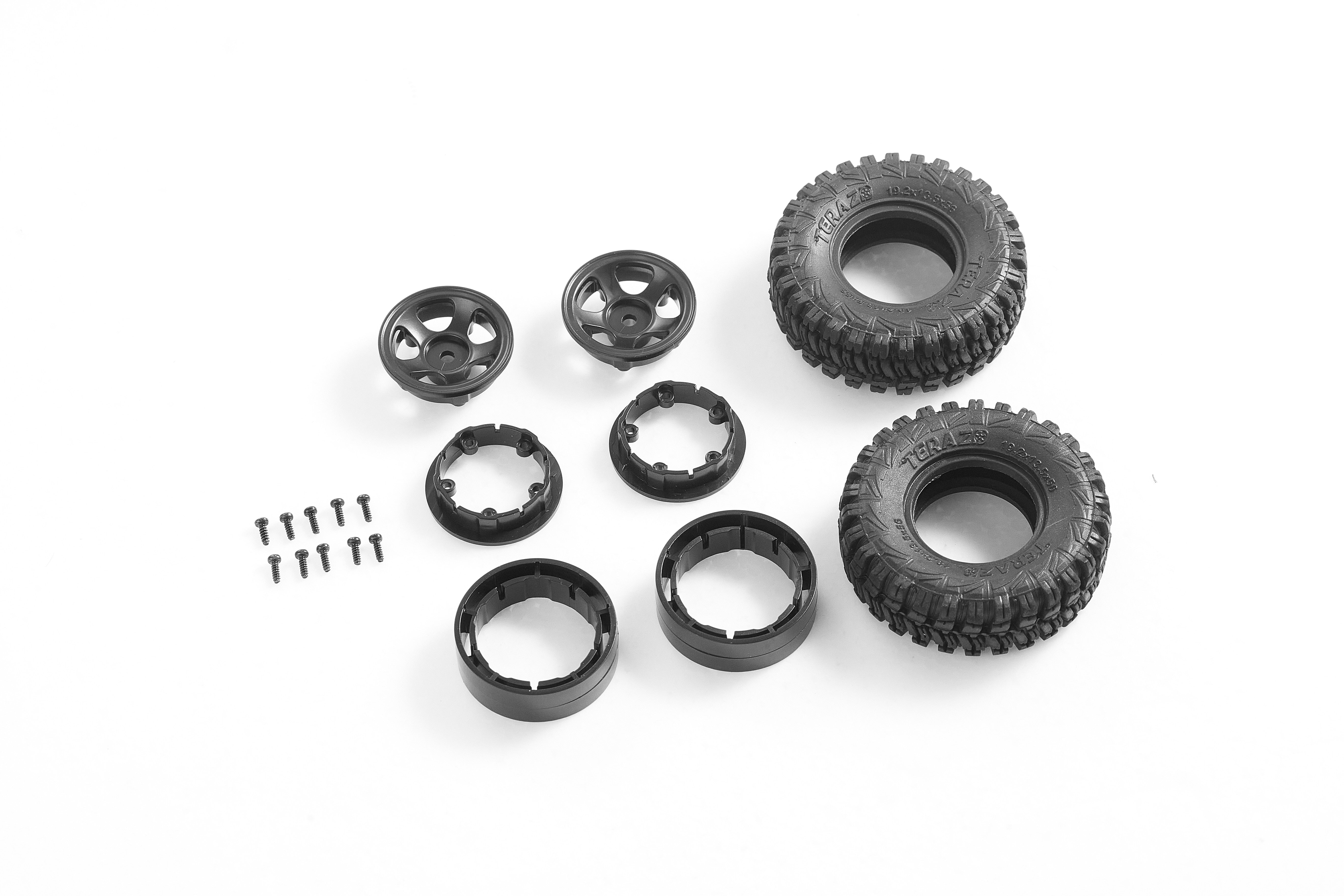 FCX18 Land Cruiser 80 wheel set with tires, rims, and screws