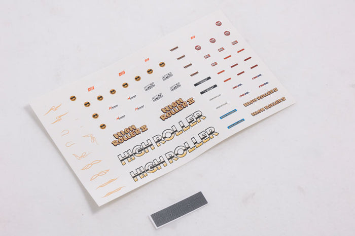 1:24 Smasher RED car decal sheet with various designs and 'HIGH ROLLER' text