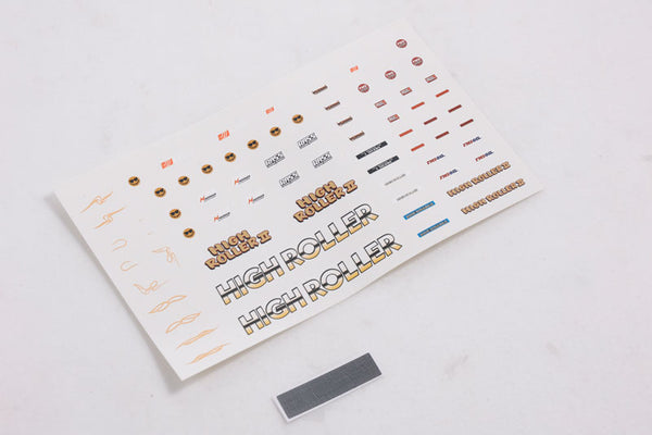 1:24 Smasher RED car decal sheet with various designs and 'HIGH ROLLER' text