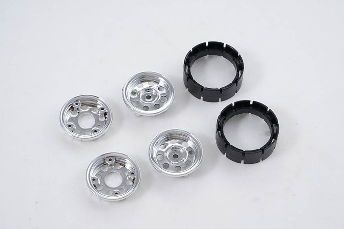 RC vehicle plastic wheel parts set in silver and black, suitable for custom builds.