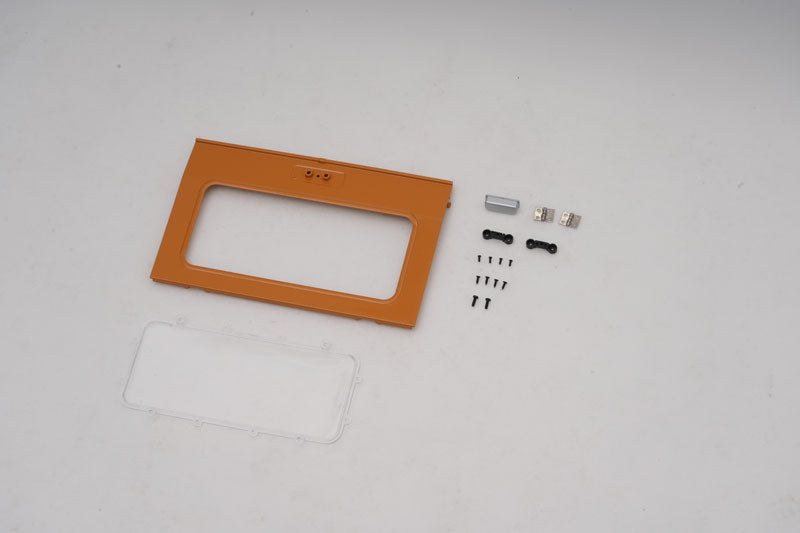 Toyota FJ40 rear window assembly with orange frame, screws, and clear cover.