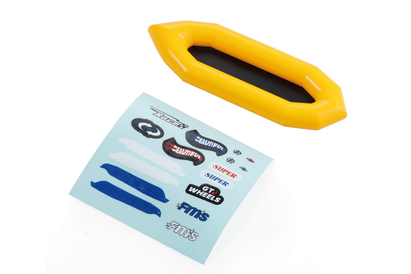 Yellow RC model accessory with sticker sheet for customization.