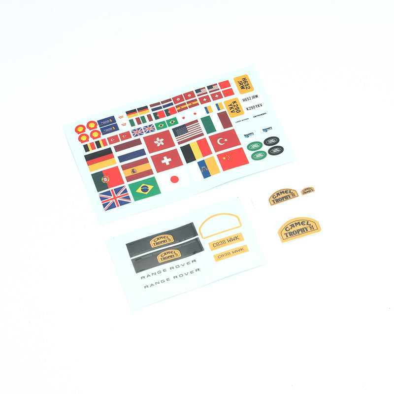 Range Rover car body decal sheet with flags and Camel Trophy logos