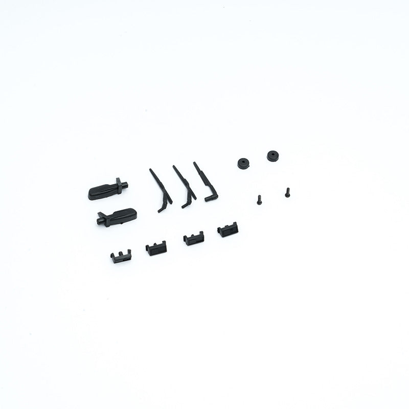 Black RC model accessories including rearview mirror wiper and screws