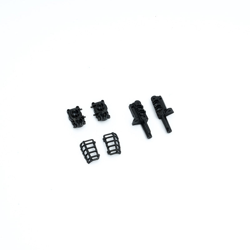 Black RC vehicle parts: two guns and two protective cages for remote control models.