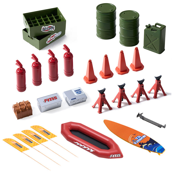 RC model decoration set with fire extinguishers, cones, barrels, and kayak