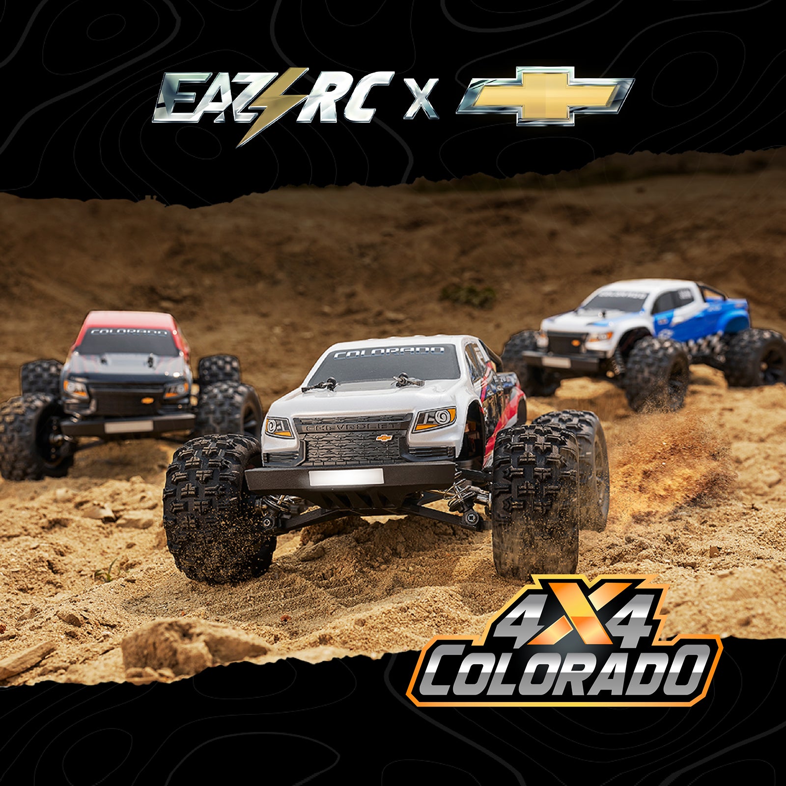 EAZYRC 1:18 Chevrolet Colorado off-road RC trucks driving on sand. Features 4x4 capability.