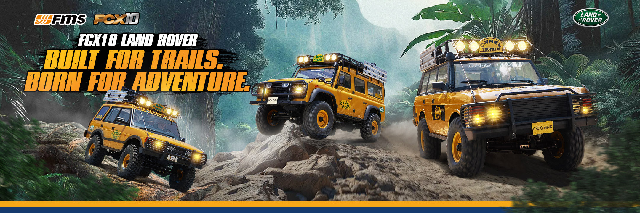 Three rugged Land Rover vehicles navigating through a lush, tropical jungle environment, showcasing their off-road capabilities.