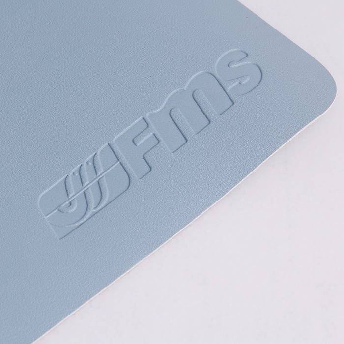 Light blue cowhide mouse pad featuring embossed FMS logo