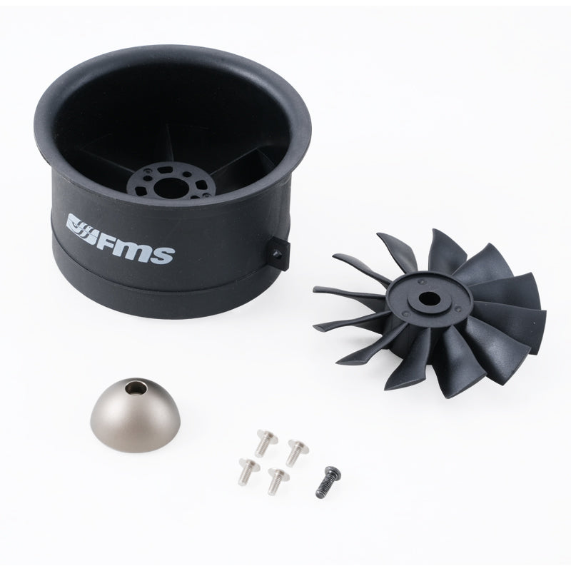 64mm ducted fan parts: housing, rotor, and screws for RC models.