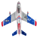 FMS EDF 80mm F-86 Sabre jet in USAF colors, top view of remote-controlled aircraft