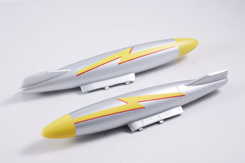 Two F-86 oil tanks with silver body and yellow tips, featuring a red lightning stripe