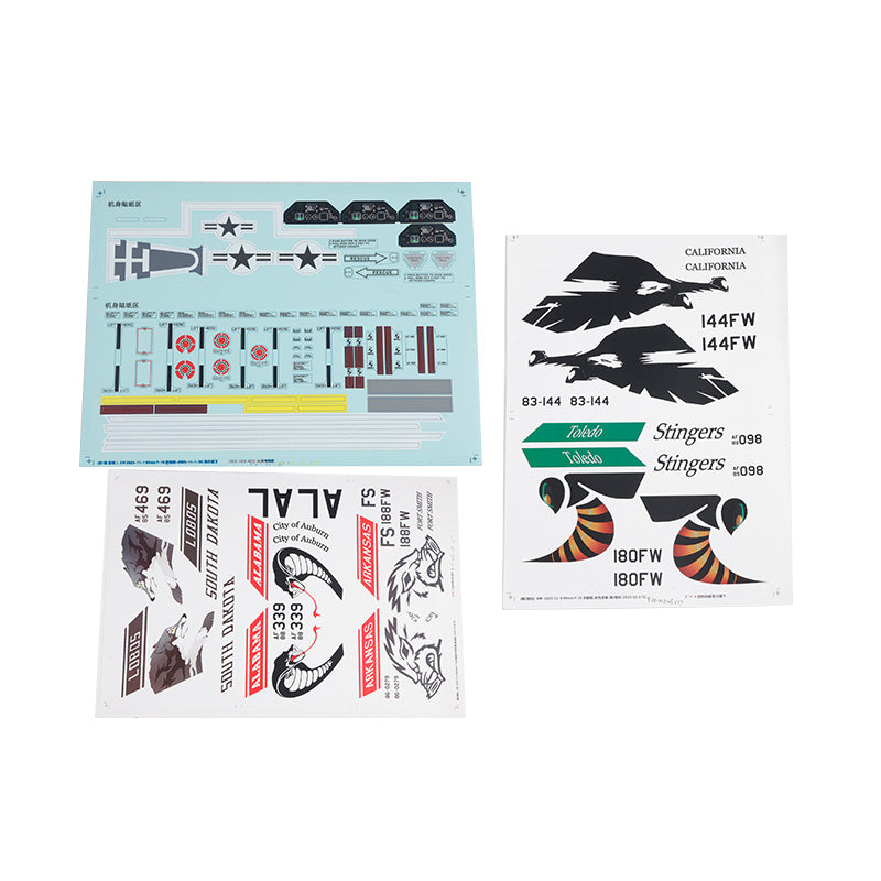 Decal sheets for 64mm F-16 models with designs and military insignia.