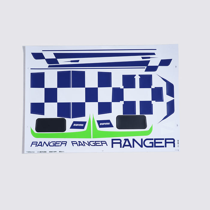 Ranger V2 decal sheet showcasing bold blue and white graphics for RC model aircraft.