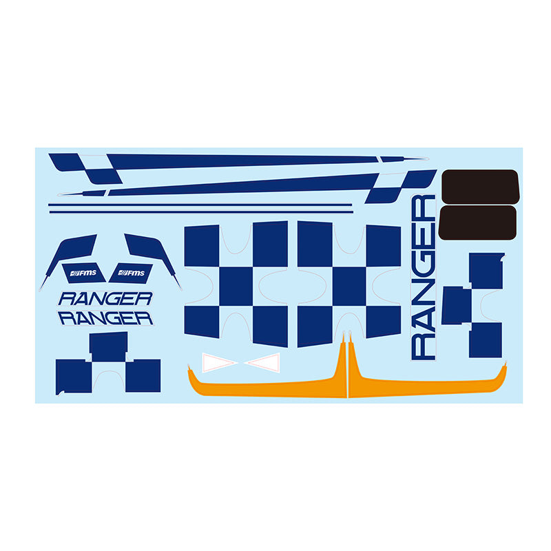 Ranger V2 decal sheet featuring blue and orange graphics for RC model aircraft.