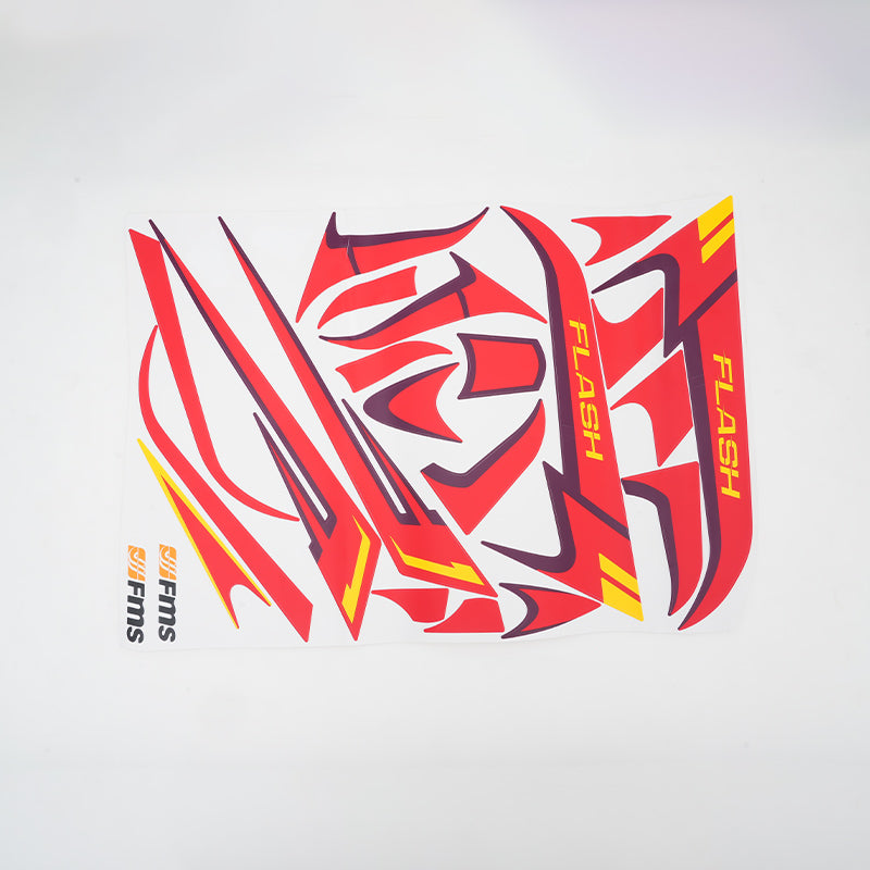 850mm Flash Decal Sheet with red and yellow designs and 'FMS' branding