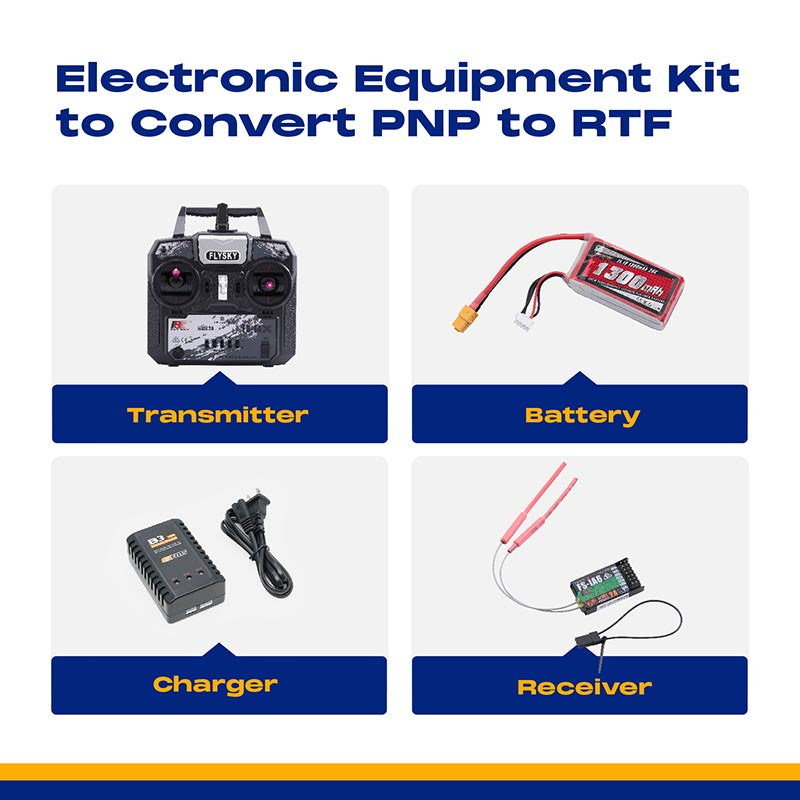 Transmitter, battery, charger, and receiver for RC model equipment kit.